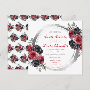 Invitation Rouge et argent Élégantes fleurs Sweet Sixteen