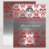 INVITATION ROUGE ET BLANC DAMASSÉ PIERRE PRÉCIEUSE MONOGRAMME (Devant / Derrière)