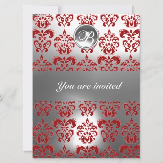 INVITATION ROUGE ET BLANC DAMASSÉ PIERRE PRÉCIEUSE MONOGRAMME (Devant)