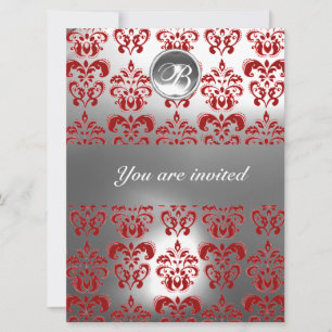 INVITATION ROUGE ET BLANC DAMASSÉ PIERRE PRÉCIEUSE MONOGRAMME