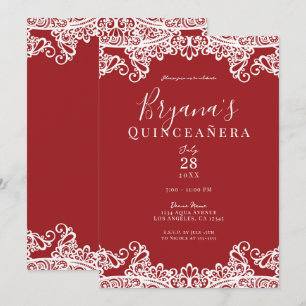 Invitation Rouge et Blanc Dentelle Élégante Fête de Quinceañe