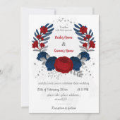 Invitation rouge et bleu marine fleurs argent feuille mariage (Devant)