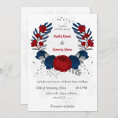 Invitation rouge et bleu marine fleurs argent feuille mariage (Devant / Derrière)