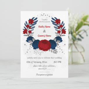 Invitation rouge et bleu marine fleurs argent feuille mariage