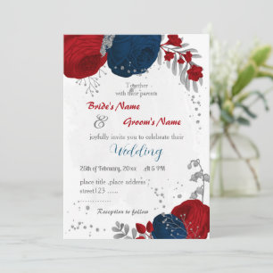 Invitation rouge et bleu marine fleurs argent feuille mariage