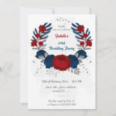 Invitation rouge et bleu marine fleurs argent feuilles annive (Devant)
