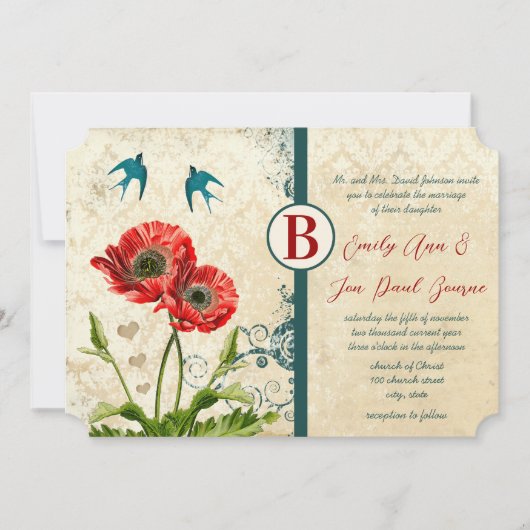 Invitation Rouge et bleu Turquoise Inséparables Damask Mariag (Devant)