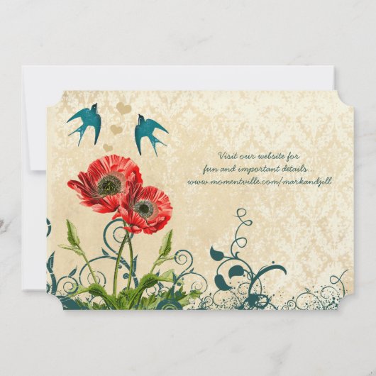 Invitation Rouge et bleu Turquoise Inséparables Damask Mariag (Dos)