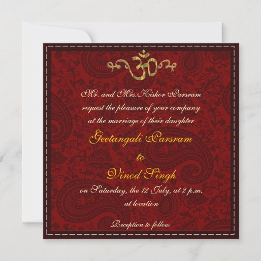Invitation Rouge et mariage indou de brocard de damassé d'or (Devant)