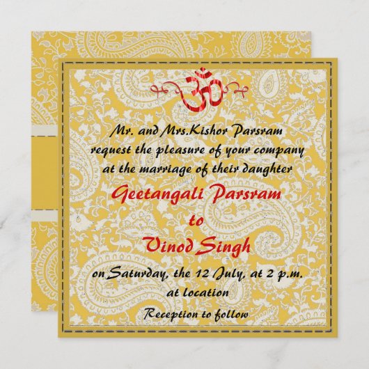 Invitation Rouge et mariage indou de brocard d'or (Devant / Derrière)