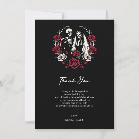 Invitation Rouge et noir blanc Rose Squelette Mariage Merci (Devant)
