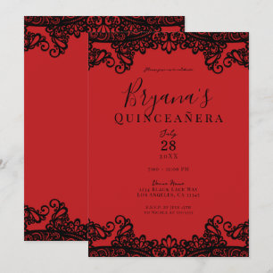 Invitation Rouge et noir dentelle Élégante fête de Quinceañer