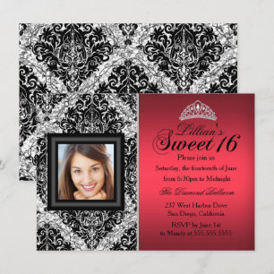 Invitation Rouge et Noir Paillettes Damassé Photo Sweet 16
