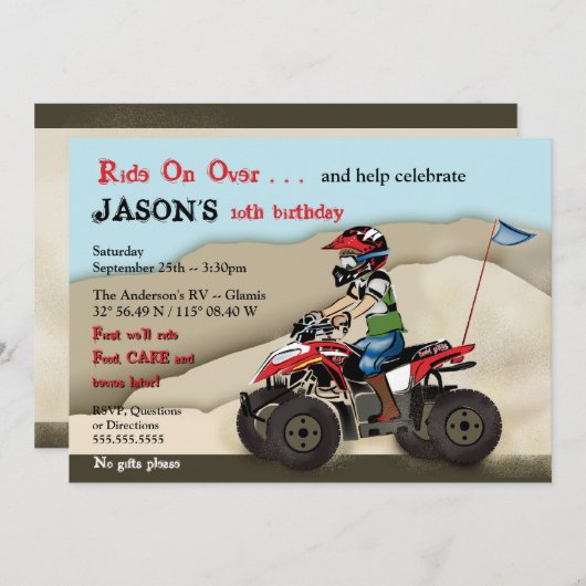 Invitation rouge et noire d'enfant d'ATV (Devant / Derrière)