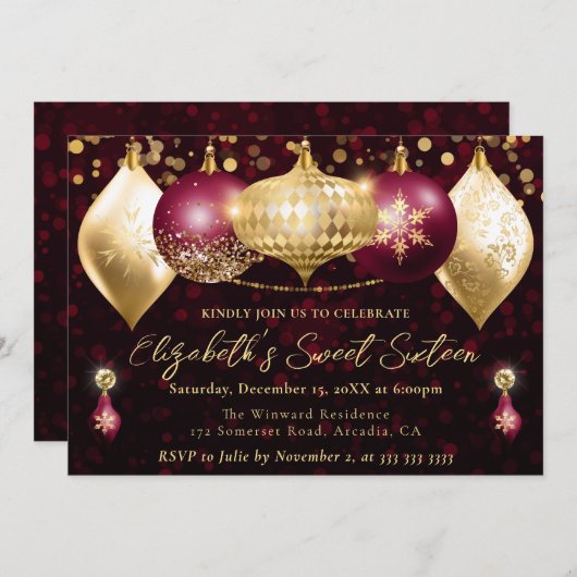 Invitation Rouge et or Baubles de Noël Sweet 16 (Devant / Derrière)