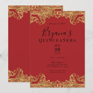 Invitation Rouge et Or Dentelle Fête Élégante de Quinceañera