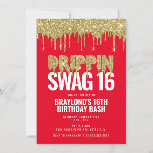 Invitation Rouge et Or Drippin Swag 16 Anniversaire 