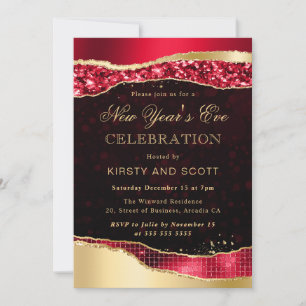 Invitation Rouge et or Glam Larmes Nouvel An Réveillon