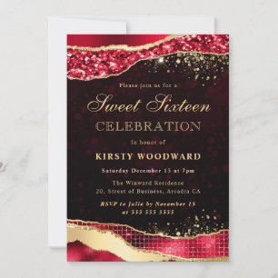 Invitation Rouge et Or Paillettes Glam Larmes Sweet Sixteen