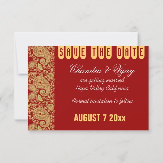 Invitation Rouge et or paisley Save the date mariage (Devant)