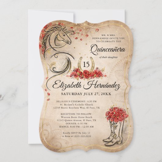 Invitation Rouge et or Rustique Ranchera Mexicaine Quinceaner (Devant)