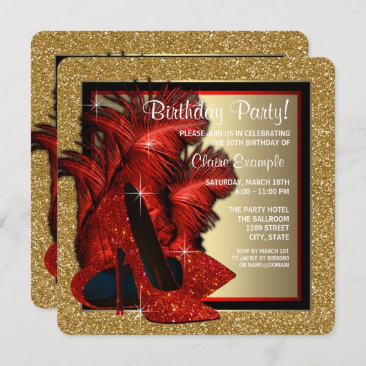 Invitation Rouge et or talons hauts fête d'anniversaire (Devant / Derrière)