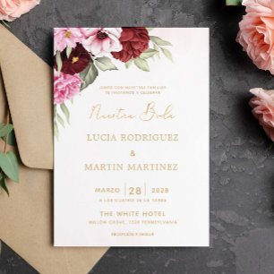 Invitation Rouge et Rose Floral Blanc Nuestra Boda