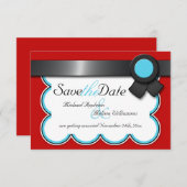 Invitation Rouge et sarcelle, ruban noir Save the Date (Devant / Derrière)