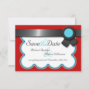 Invitation Rouge et Turquoise, ruban noir Enregistrer la date