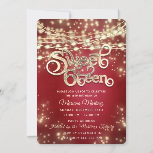 Invitation Rouge fantaisie élégante String lumières or brilla (Devant)