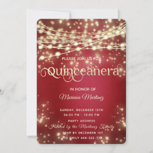 Invitation Rouge fantaisie String lumières or éclat