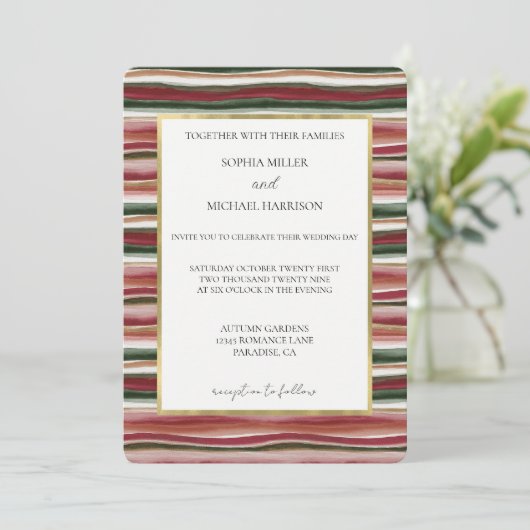 Invitation Rouge Fard Vert Rose Or Rayures Mariage (Debout devant)