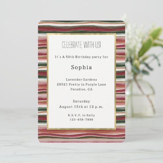 Invitation Rouge Fard Vert Rose Rayures Anniversaire (Debout devant)