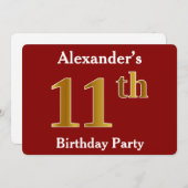 Invitation Rouge, Faux Gold 11e fête d'anniversaire + Nom per (Devant / Derrière)