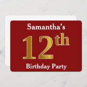 Invitation Rouge, Faux Gold 12e fête d'anniversaire + Nom per (Devant / Derrière)