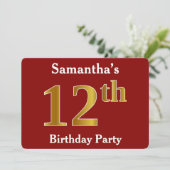 Invitation Rouge, Faux Gold 12e fête d'anniversaire + Nom per (Debout devant)