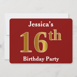 Invitation Rouge, Faux Gold 16e fête d'anniversaire + Nom per
