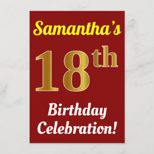 Invitation Rouge, Faux Gold 18e anniversaire Célébration + No