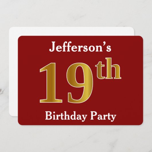 Invitation Rouge, Faux Gold 19e fête d'anniversaire + Nom per (Devant / Derrière)