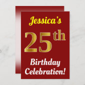 Invitation Rouge, Faux Gold 25e anniversaire Célébration + No (Devant / Derrière)