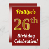 Invitation Rouge, Faux Gold 26e anniversaire Célébration + No (Devant / Derrière)