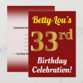 Invitation Rouge, Faux Gold 33ème anniversaire Fête + Nom (Devant / Derrière)
