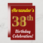 Invitation Rouge, Faux Gold 38e fête d'anniversaire + Nom (Devant / Derrière)