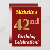 Invitation Rouge, Faux Gold 42e anniversaire Célébration + No (Devant / Derrière)