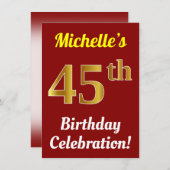 Invitation Rouge, Faux Gold 45e anniversaire Célébration + No (Devant / Derrière)