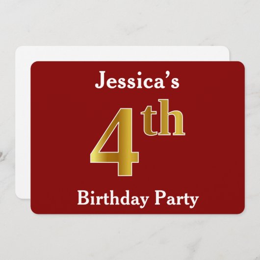Invitation Rouge, Faux Gold 4e fête d'anniversaire + Nom pers (Devant / Derrière)