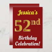 Invitation Rouge, Faux Gold 52e fête d'anniversaire + Nom (Devant / Derrière)