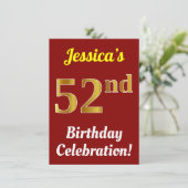 Invitation Rouge, Faux Gold 52e fête d'anniversaire + Nom (Debout devant)