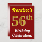 Invitation Rouge, Faux Gold 56e anniversaire Célébration + No (Devant / Derrière)