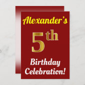Invitation Rouge, Faux Gold 5e anniversaire Célébration + Nom (Devant / Derrière)